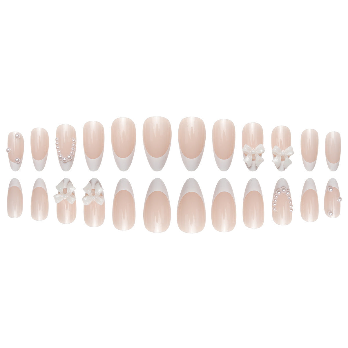 24 French Pearl & Bow Nail Tips, Nude Drop Shape