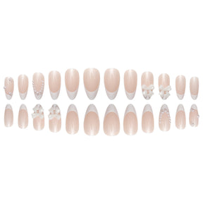 24 French Pearl & Bow Nail Tips, Nude Drop Shape