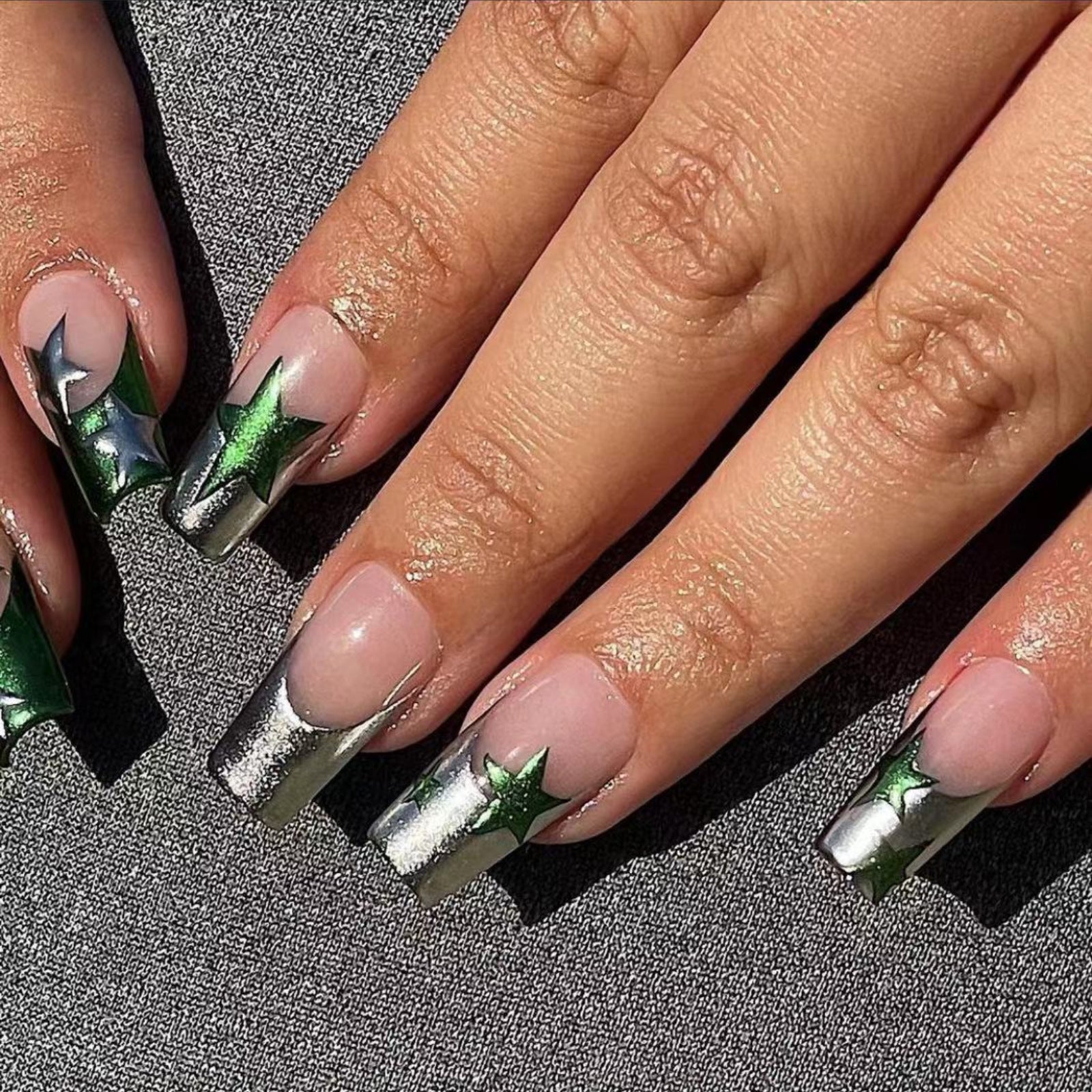 Rock Metal Green Silver Asymmetrical French Nails with Stars