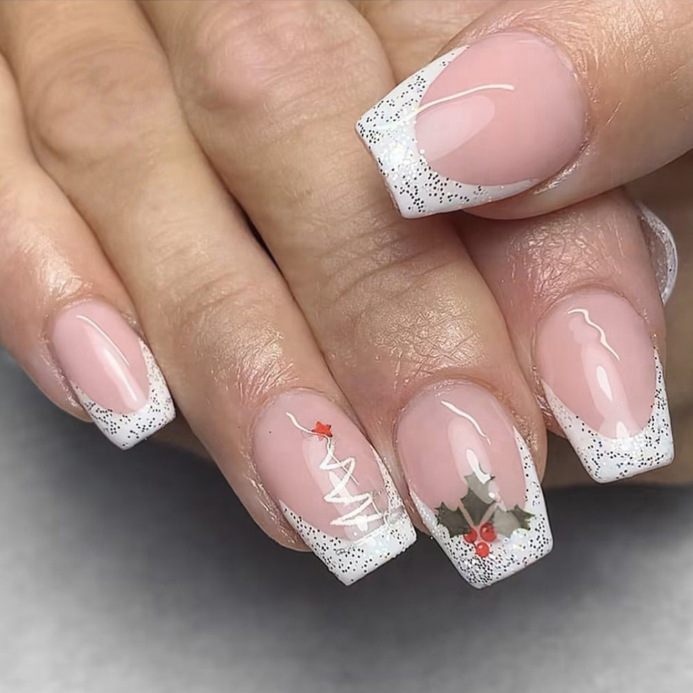 Short Shiny Christmas Nails - Glitter, French White Edge