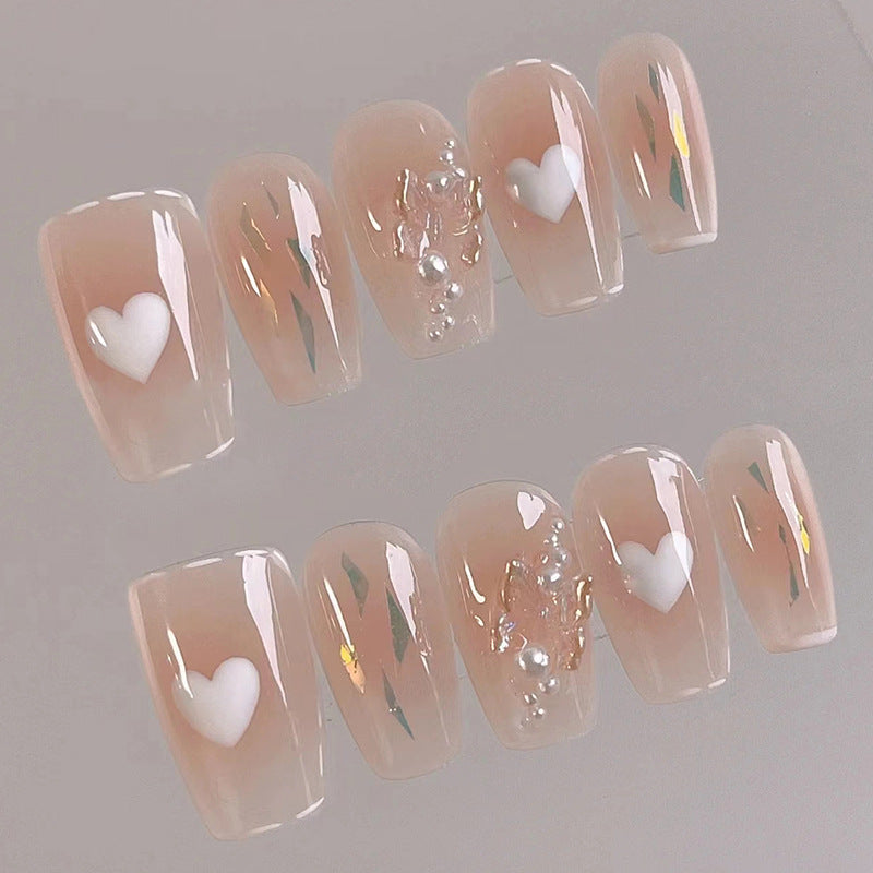 Short Ballet Blush Heart Pearl Aurora Butterfly Fall Nails, 24-Piece Wholesale Set