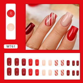 Solid Bright Red Christmas Stripe Fall Nails - European Square Shape