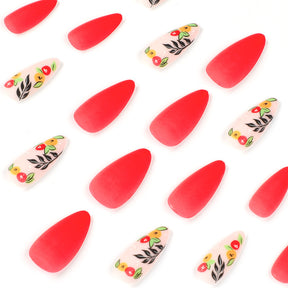 Wholesale Matte Red Yellow Flower Nail Tips, Medium Length