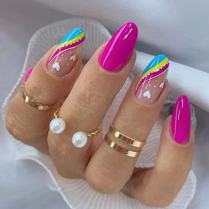 Colorful Ripple Almond Nails, Cute Ins Style, Solid Rose Red