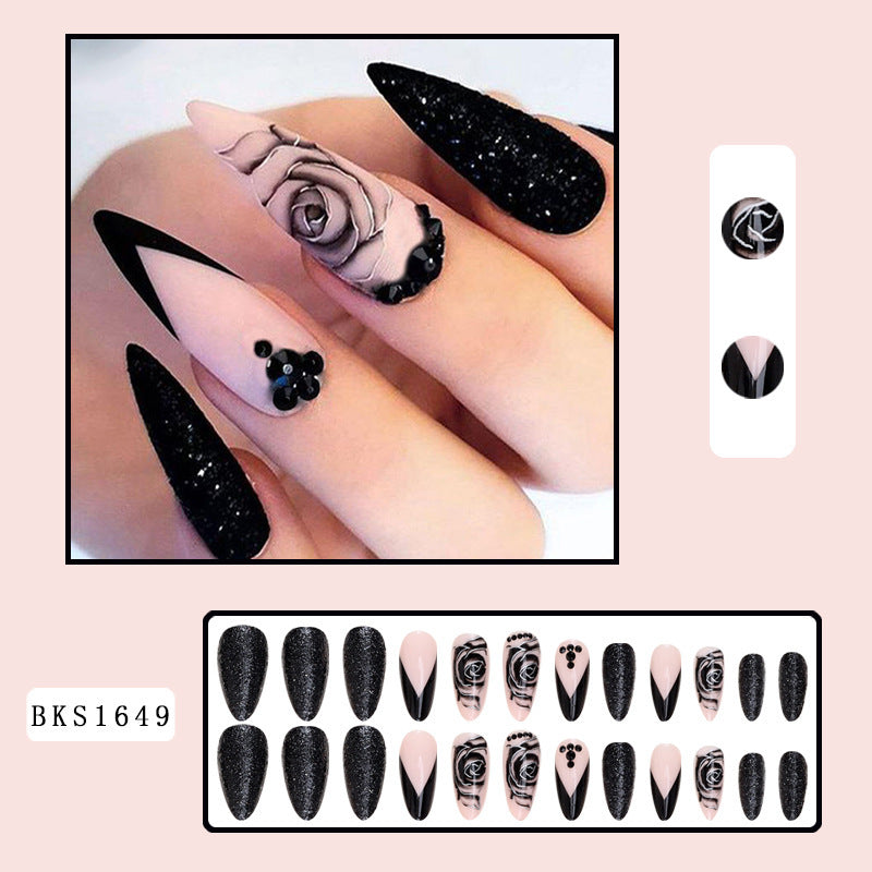 Black Rose Almond Nail Tips