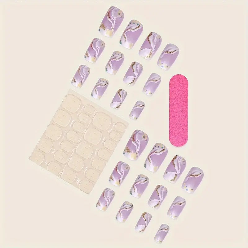 Elegant Marble Pattern Gold Foil Purple Removable Nails