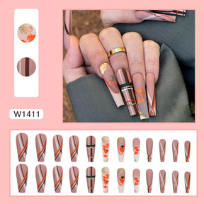 Warm Brown Long Ballet Striped Leaf Nails for Fall