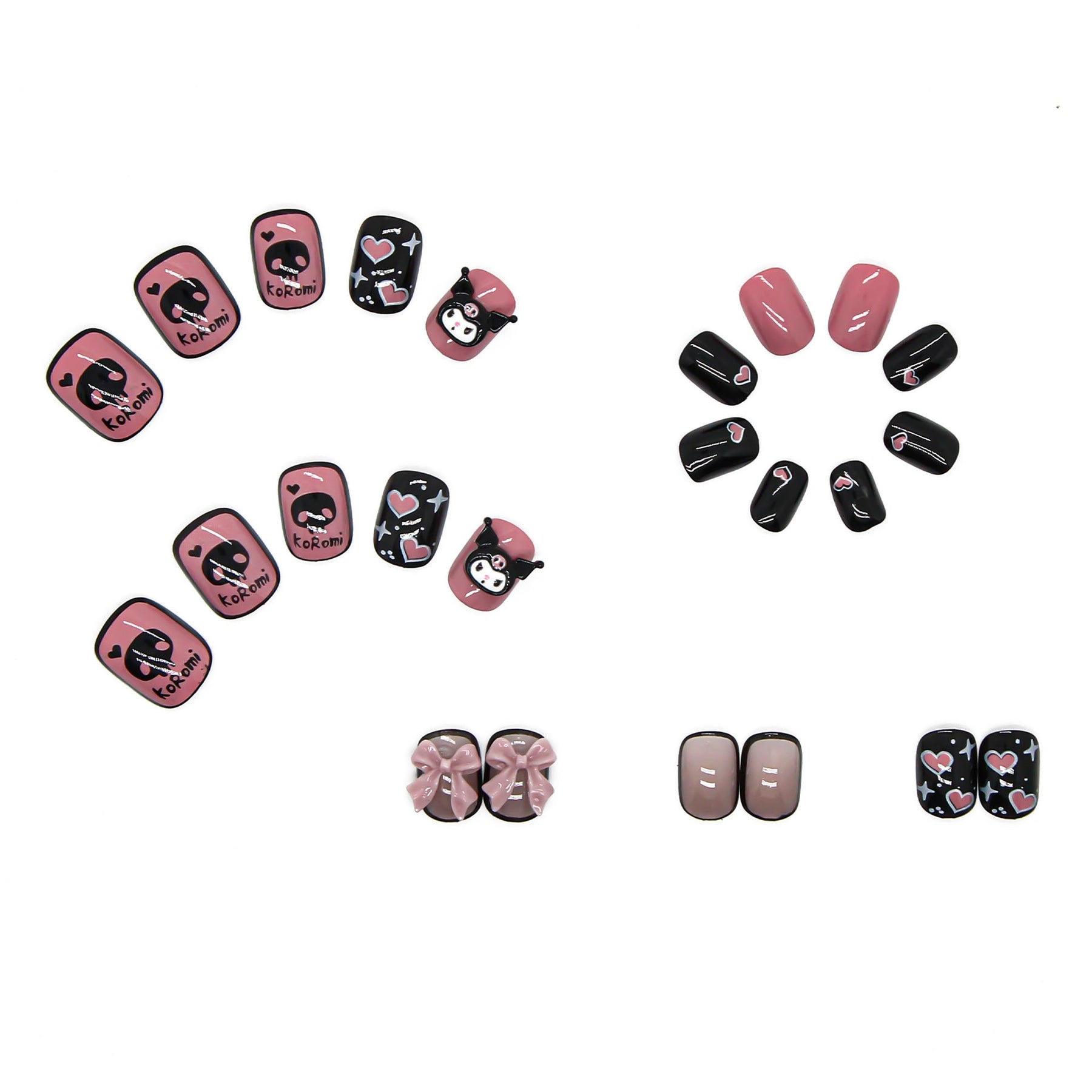 Removable Short Black Pink Heart Nail Tips