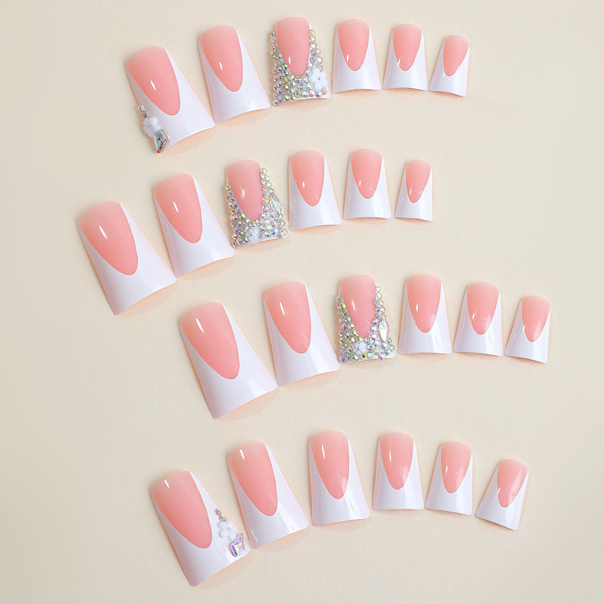 Faux French Duckbill Nail Tips with Rhinestones and Flowers