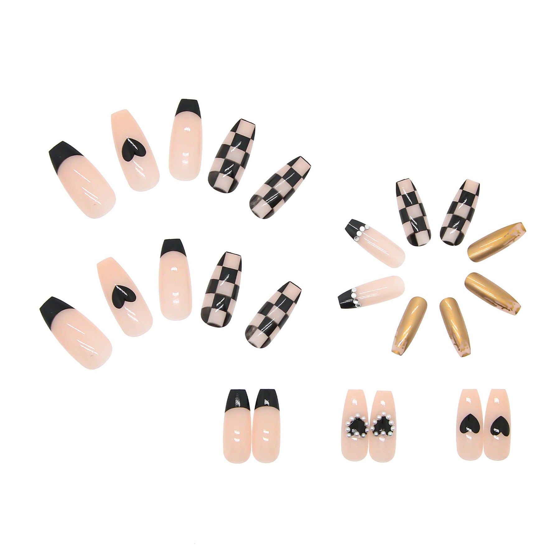 Black Checkerboard Heart Long Ballet Removable Nail Tips