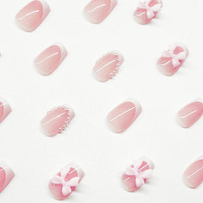 Short White French Pink Bow Nail Tips