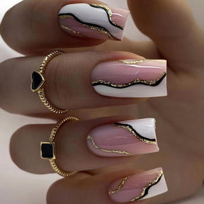 Simple White Irregular Wave Black Lines Gold Powder Euro Square Nails