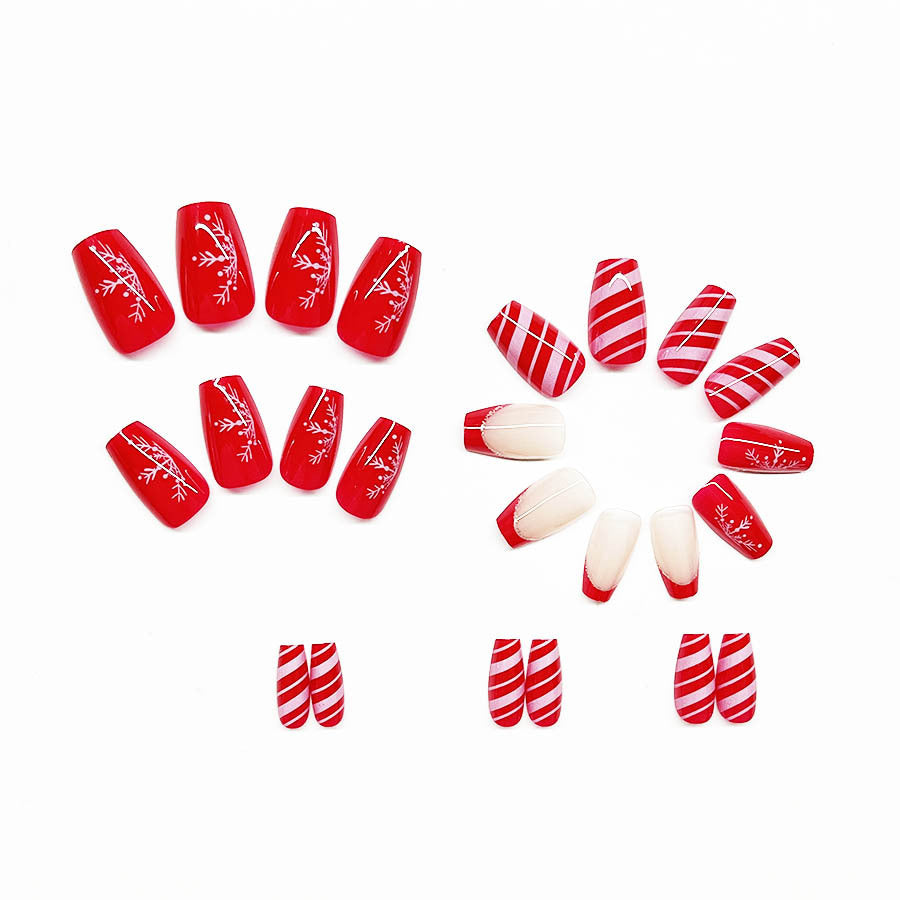 Christmas Red White Stripe Snowflake False Nails