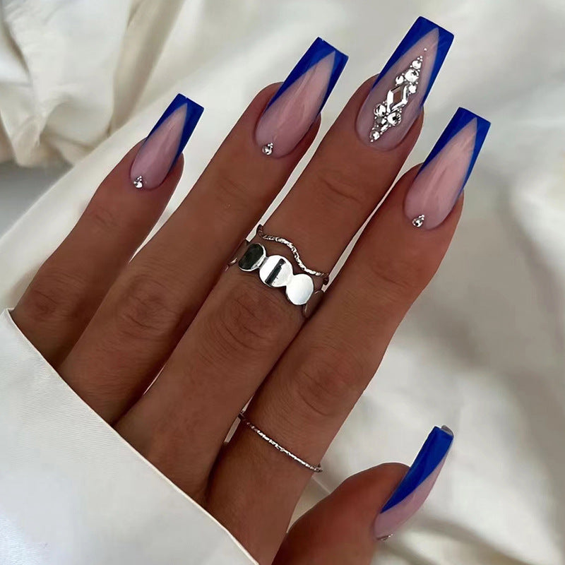 Cool Sea Blue Triangular French Long Ballet Nails, Ins Style