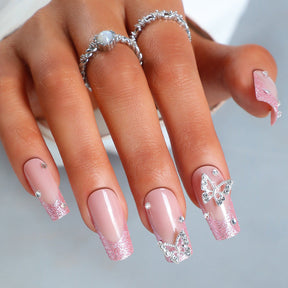 French Style Minimalist Butterfly Nail Tips with Crystal Accents