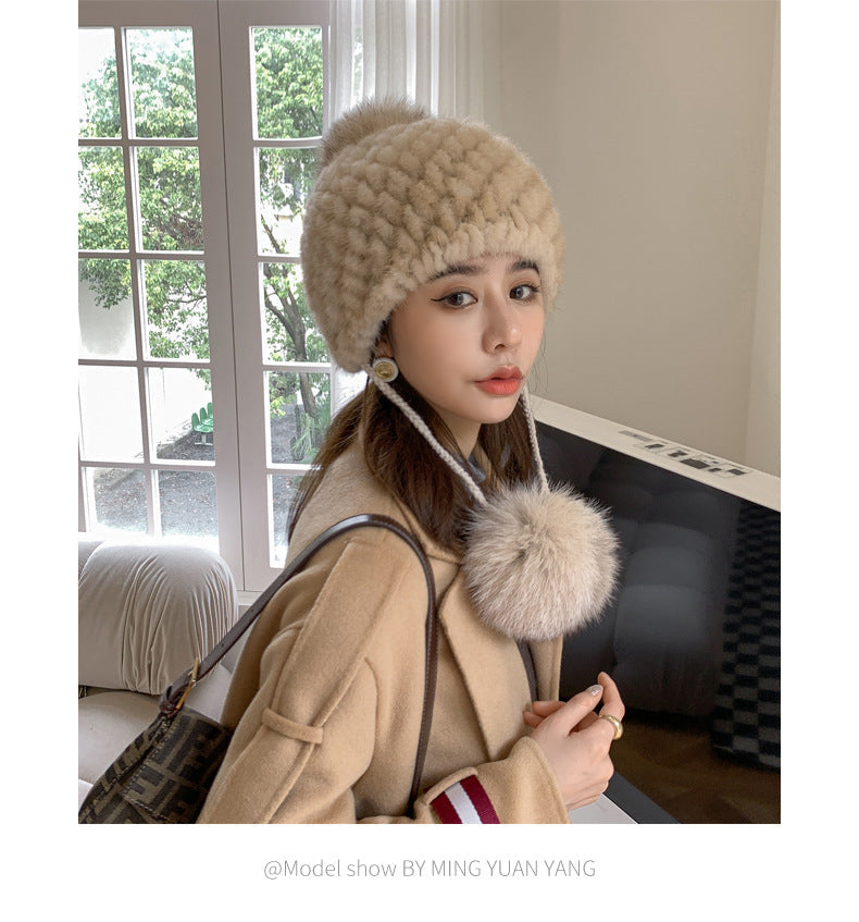 Winter Fox Pom Pom Mink Fur Hat for Women