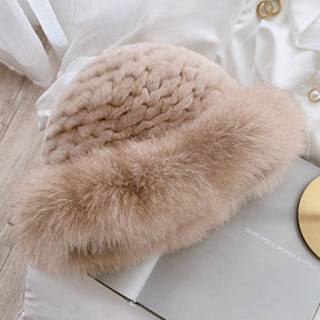 Cute Real Rabbit Fur Hat with Fox Trim - Winter Warmth