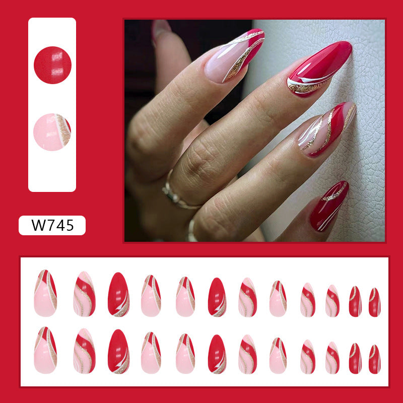 Almond Nails Irregular Wave Burgundy French Sparkling Wave Lines Euro Ins Style Spicy Girl