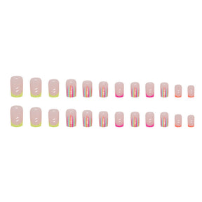 Mid-Length Colorful Dopamine Rainbow Stripe French Nails