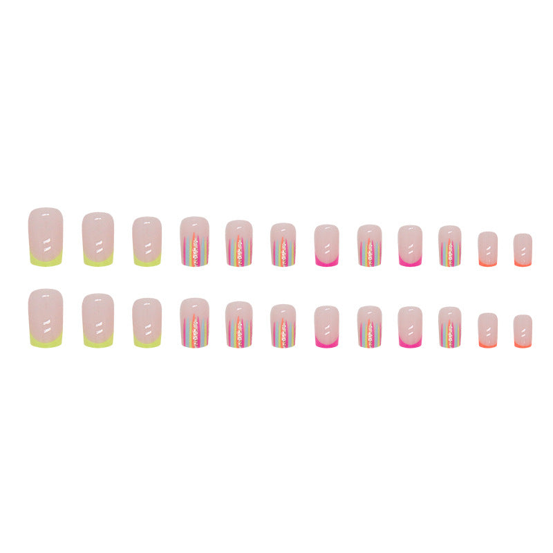 Mid-Length Colorful Dopamine Rainbow Stripe French Nails