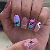 Colorful Skull and Spider Web Halloween Nails, Black and White