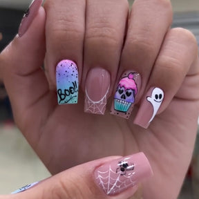 Colorful Skull and Spider Web Halloween Nails, Black and White