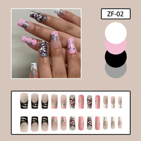 Colorful Pink White French Square Removable False Nails with Butterfly Heart Designs