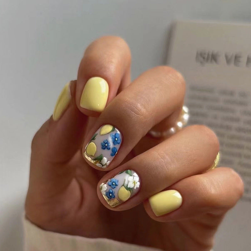 Short Lemon Yellow Vintage Floral Nails, Ins Style