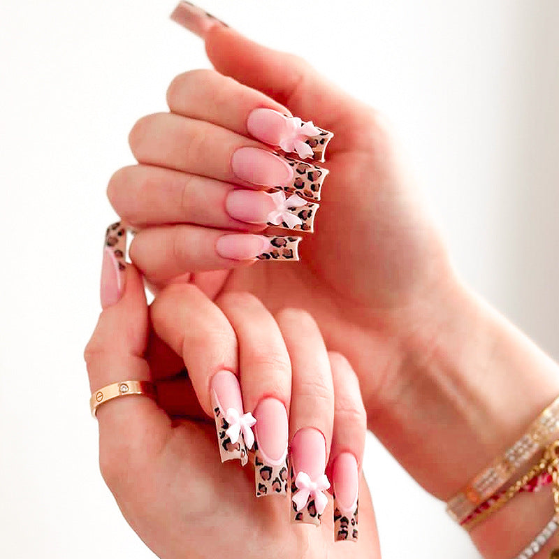 Popular Leopard French Tip Long Nails with Bow