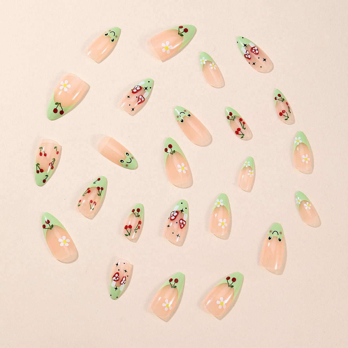 Almond Fresh Green French Cherry Blossom Frog Detachable Fake Nails