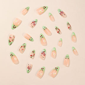 Almond Fresh Green French Cherry Blossom Frog Detachable Fake Nails