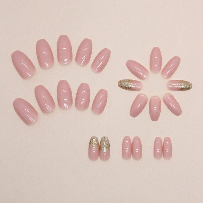 Short Ballet Pink Solid Nails with Gold Powder, Ins Style