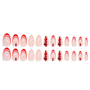 Shiny Diamond Almond French Nails, Red and Elegant