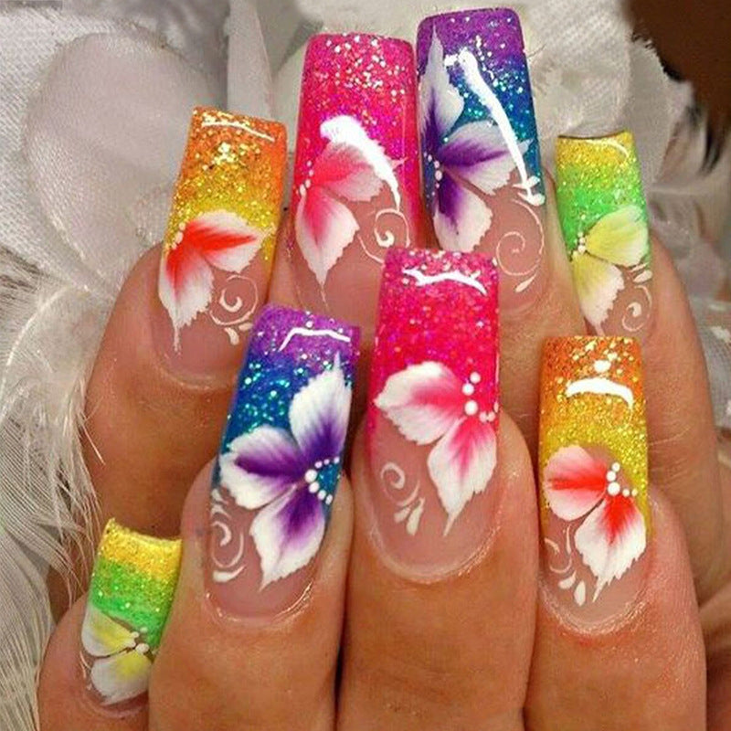 Rainbow Flower Glitter Nail Tips