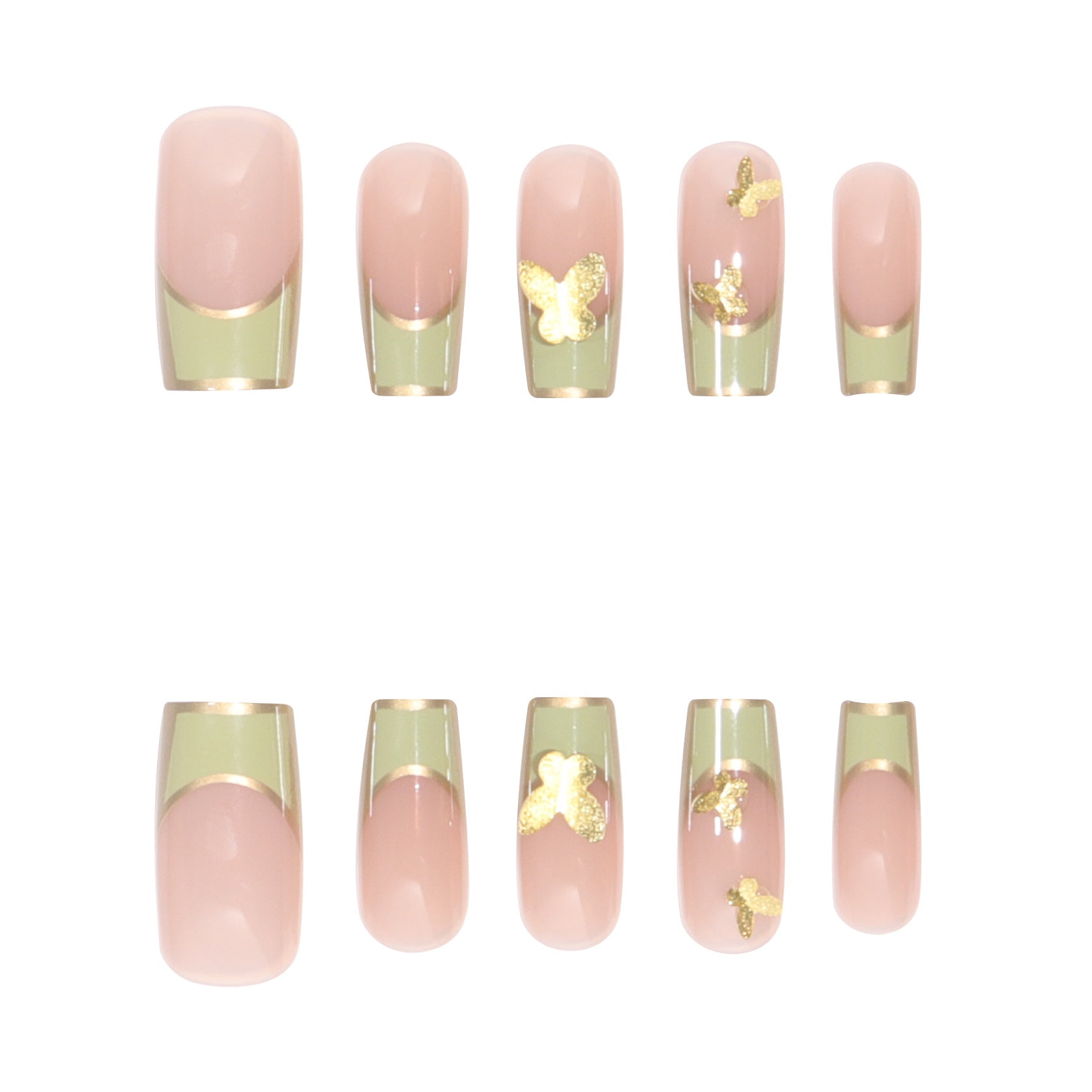 Chic Green Gold Bow Nail Extensions, French Style