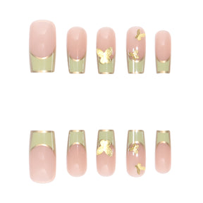 Chic Green Gold Bow Nail Extensions, French Style