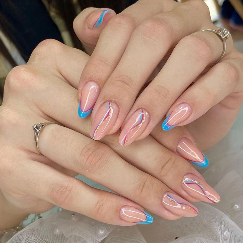 Blue Pink French Wave Almond Fall Nails - Ins Style