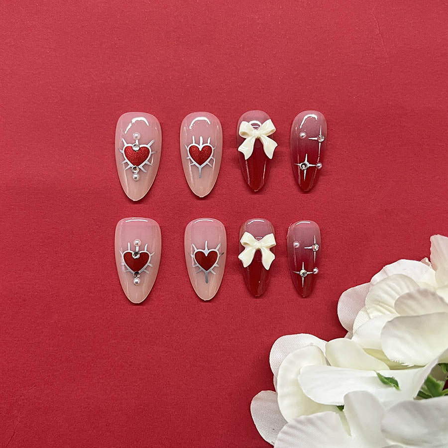 New Valentine Almond 3D Bow Pearl Nails, Red Heart Gradient