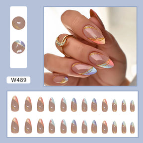 Trendy Euro Ins Style Round Almond Multicolor Gradient French Gold Line Fake Nails