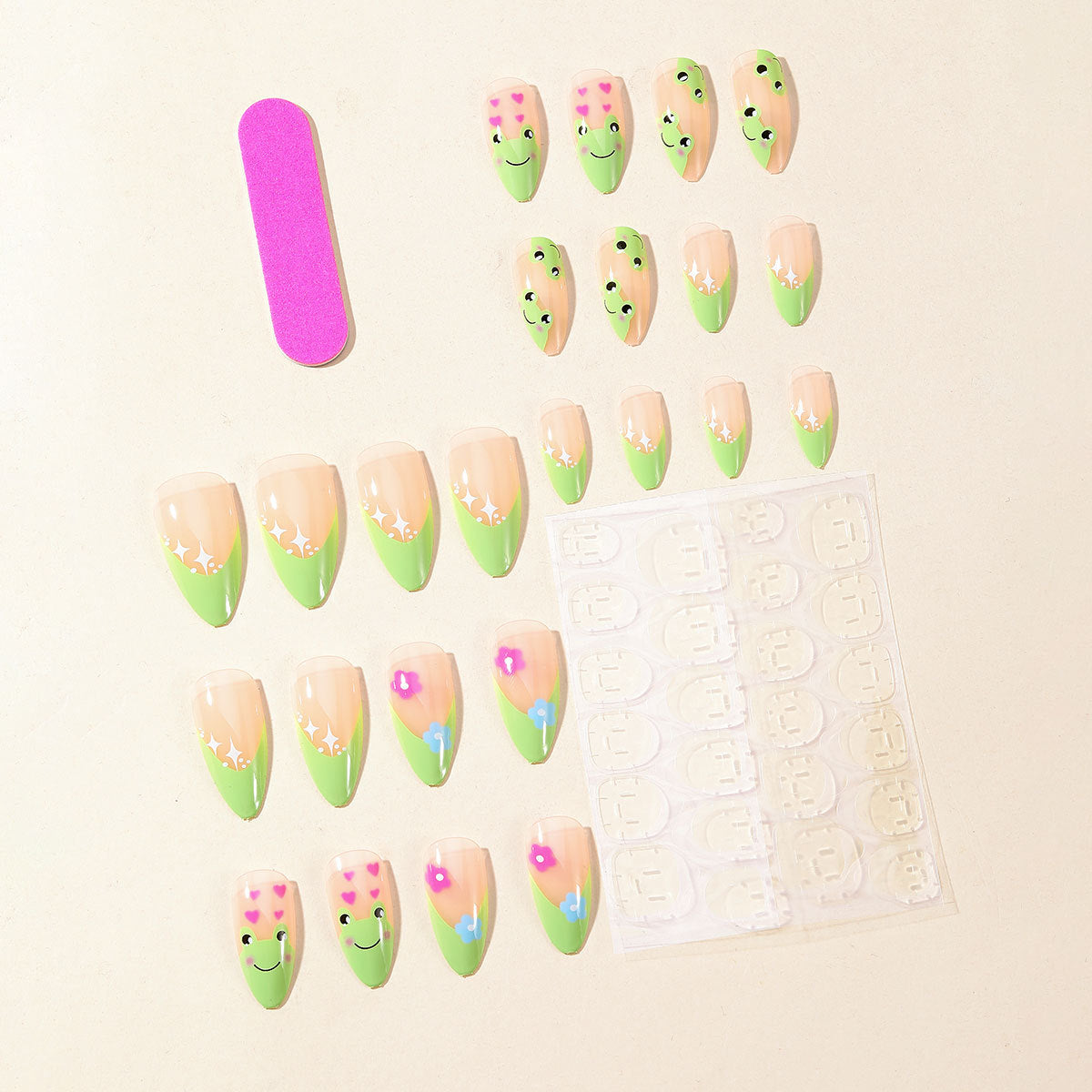 Cute Green French Frog Flower Print Removable Fake Nails