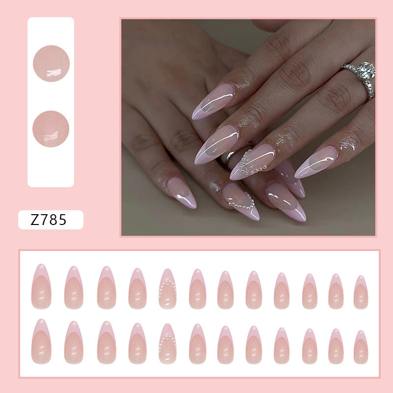 Almond Shape Pink French Nails with Pearls, Sweet Girl Style