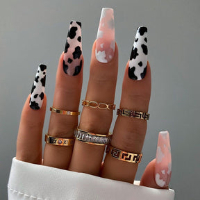 Cream Black-White Striped Wearable Nail Art Tips, Removable Nails