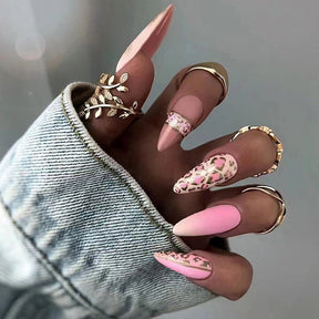 Pink Leopard Almond Nails Sweet Spicy Girl Euro Ins Style Wearable Fake Nails