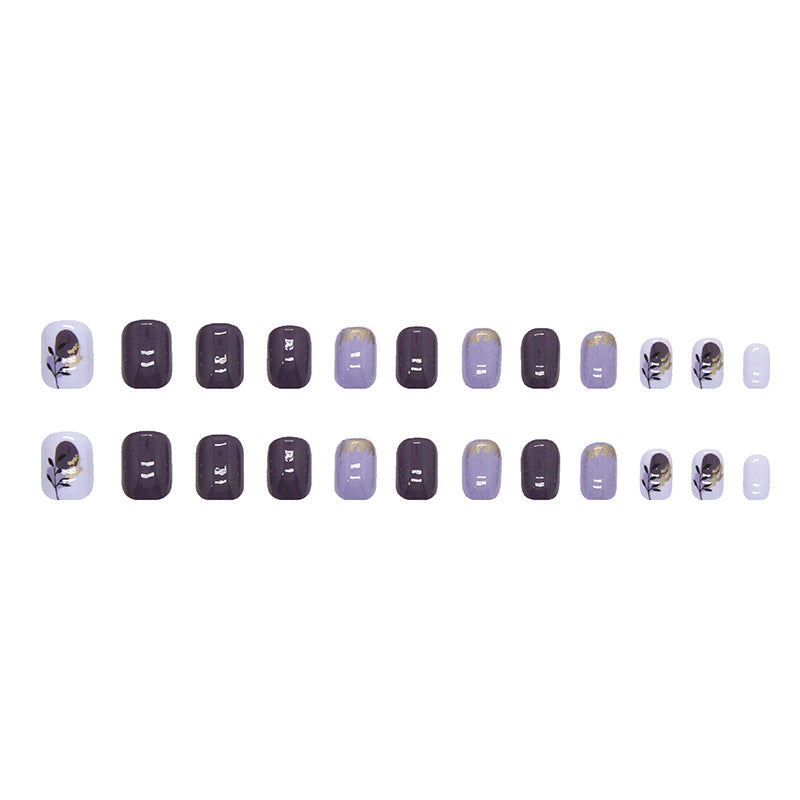 Baroque Vintage Blue-Purple Elegant Nails Gold Foil French Clean White Fake Nails