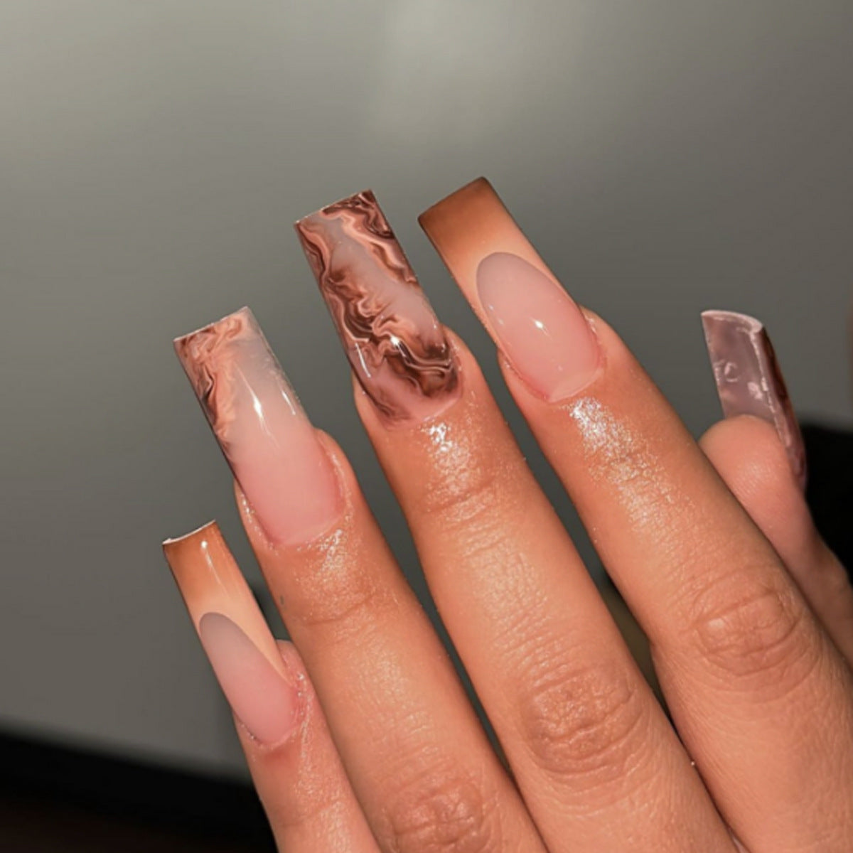 Brown Gradient French Nails with Marble Effect