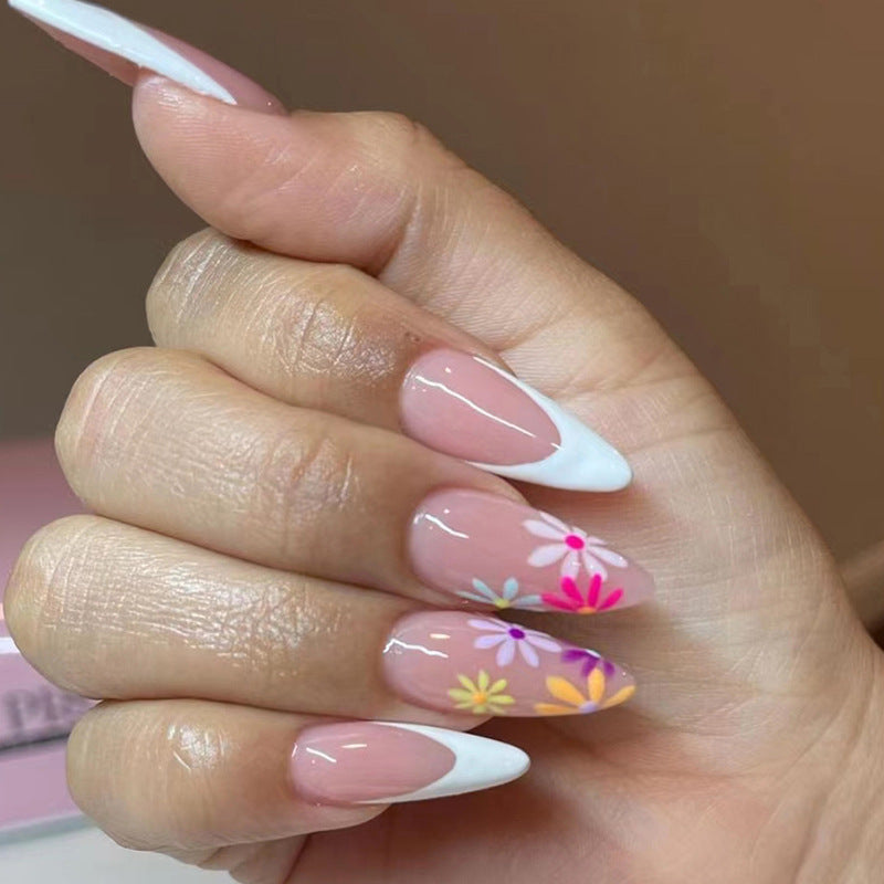 White French Nails, Colorful Flower Minimalist Almond Shape