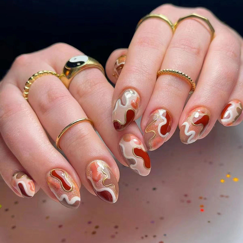 White-Radiant Oval Nail Stickers with Golden Waves