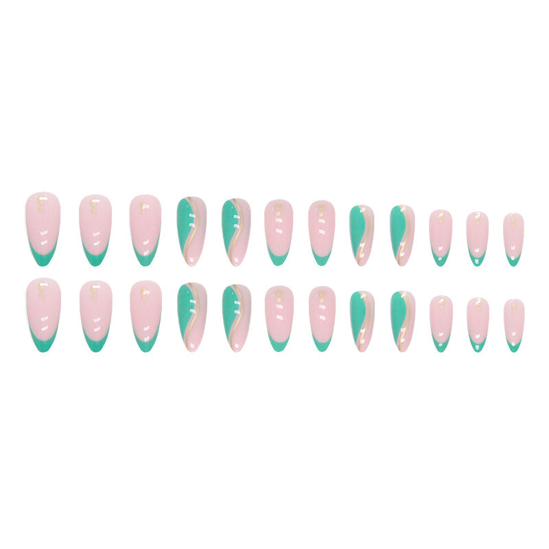 Fresh Forest Green Wave Gold Line Nails Round Almond Euro Export Fake Nails