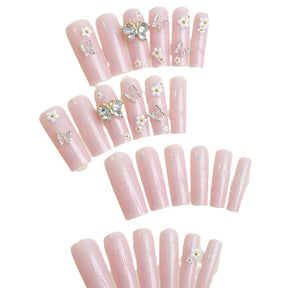 Super Long Flower Nail Tips with Diamond Silver  Butterflies