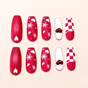 Christmas Red White Snowflake Heart Removable False Nails